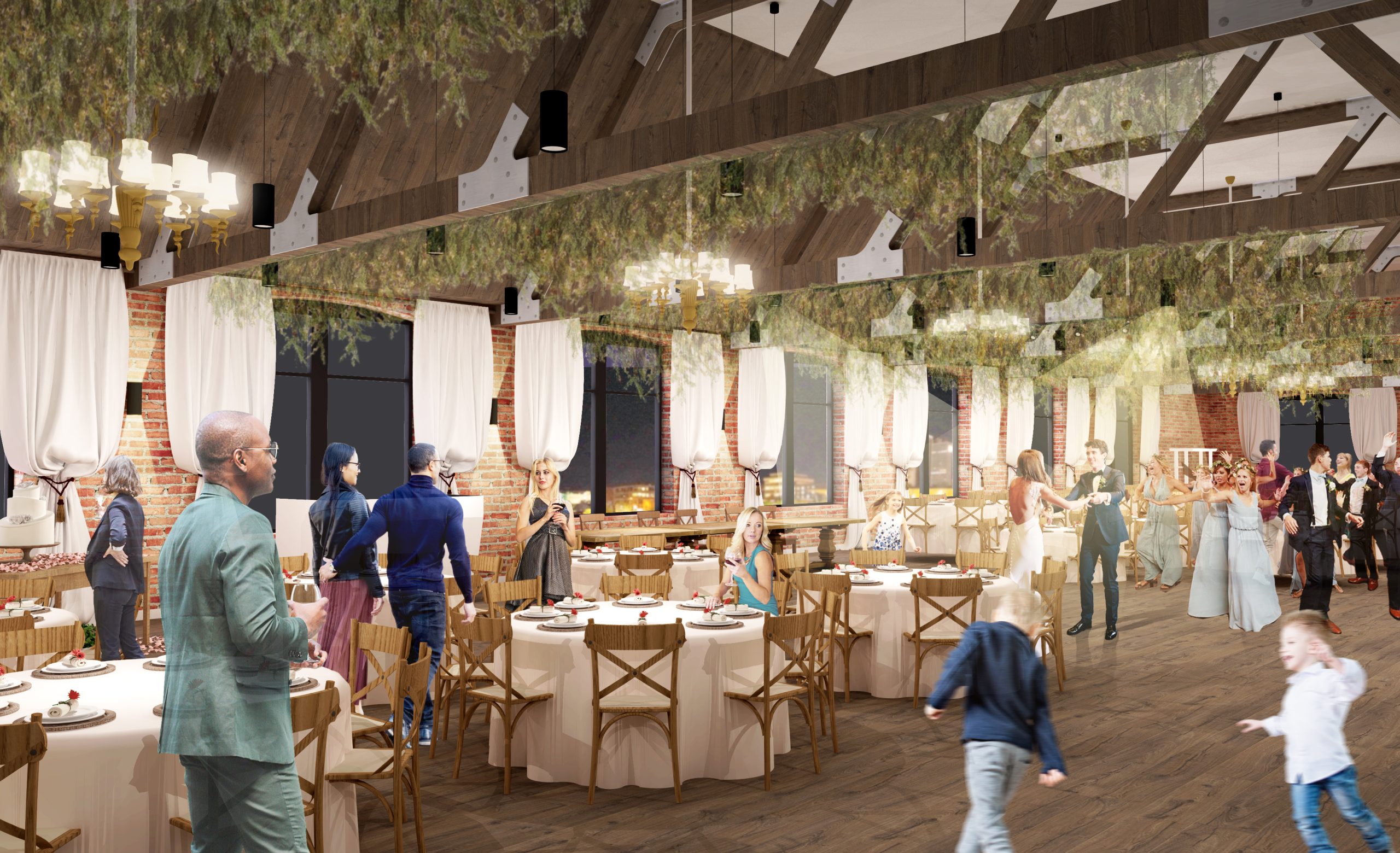 rendering of event space with dining tables