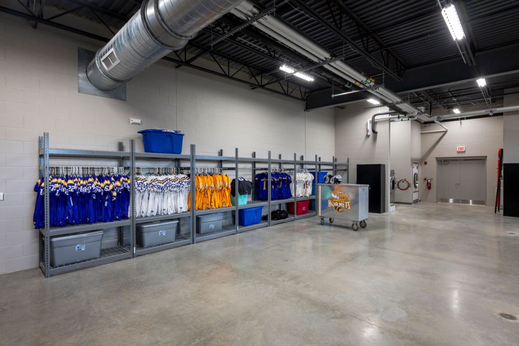 equipment room with football gear