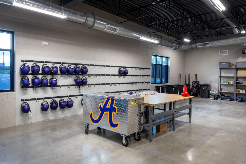 equipment room with football gear