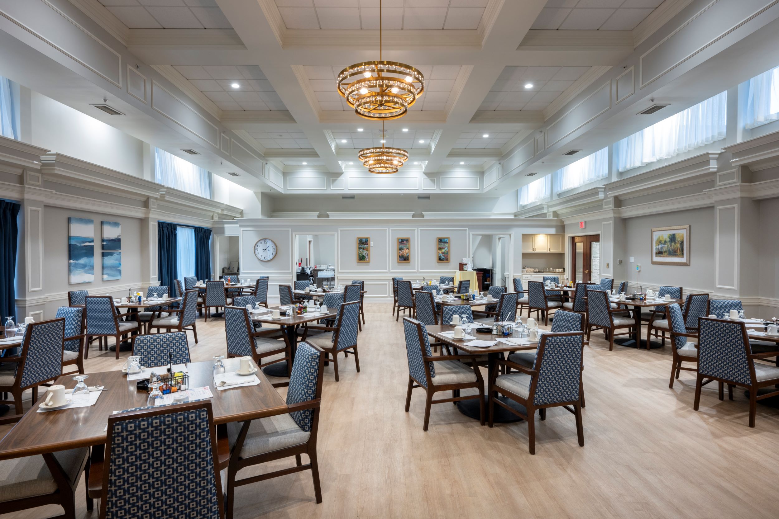 formal dining room with multiple tables