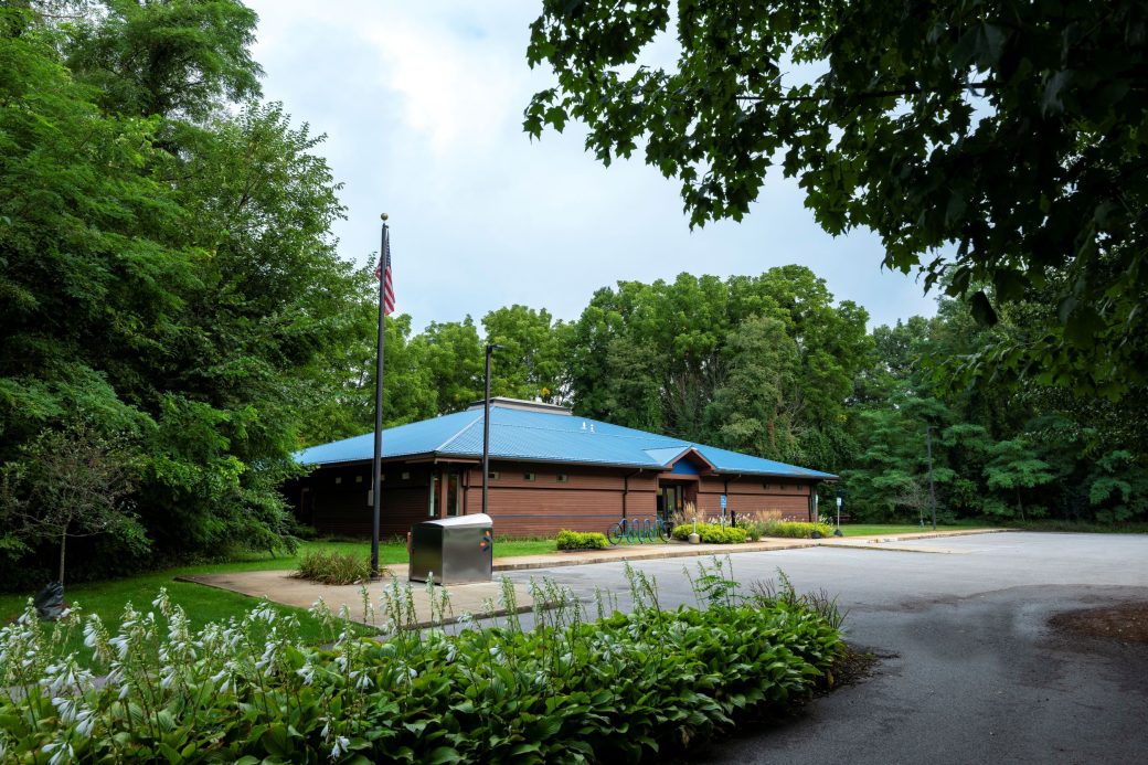 exterior of library with blue roof