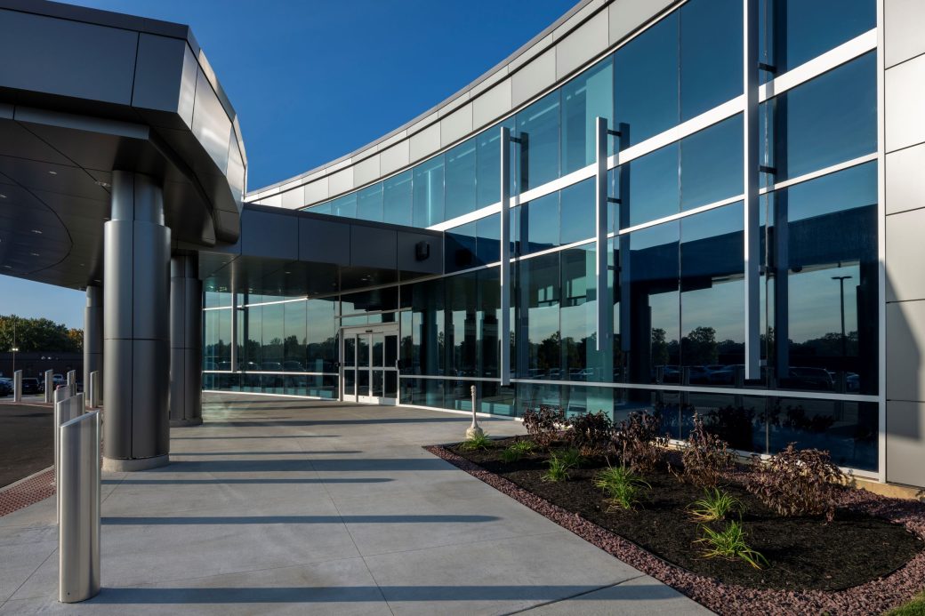 glass facade of hospital